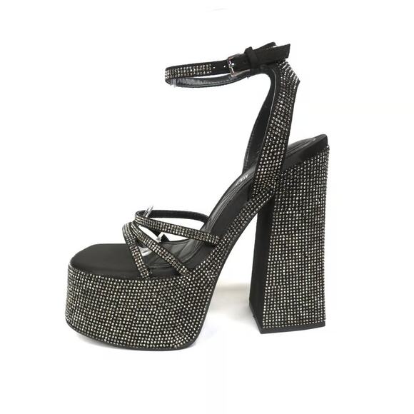 Zara Rhinestone Chunky High Heeled Platform Sandals Black & Silver Size 6 - Picture 2 of 12